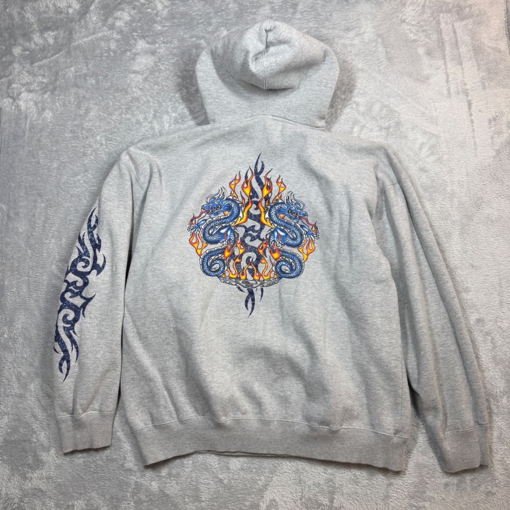 Vintage Extreme Limit Hoodie Mens XL Gray Dragon Tribal Graphic Y2K Tattoo Skate